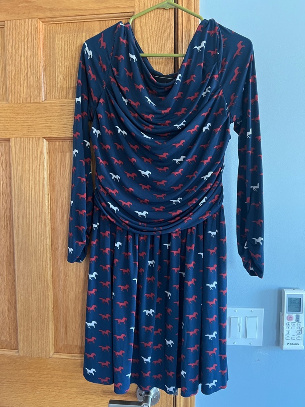 Leota Navy Dress with Red and White Horse Print